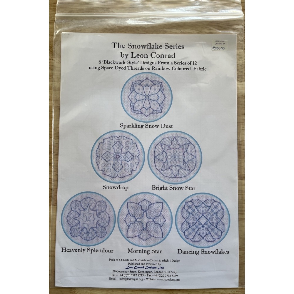 The Snowflake Series 6 blackwork-style designs/threads/rainbow colored fabric
